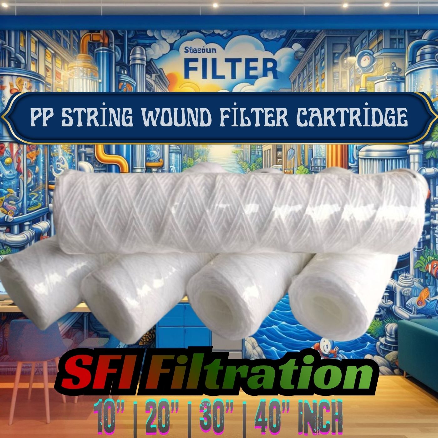 String Wound Cartridge Filter polypropylene untuk sediment filtration, pretreatment RO, WTP, power plant, cooling water dan industri WTP, Food & Beverage, Chemical, Drinking Water, UF/NF Pretreatment, Process Water, Utility Water di Indonesia.
