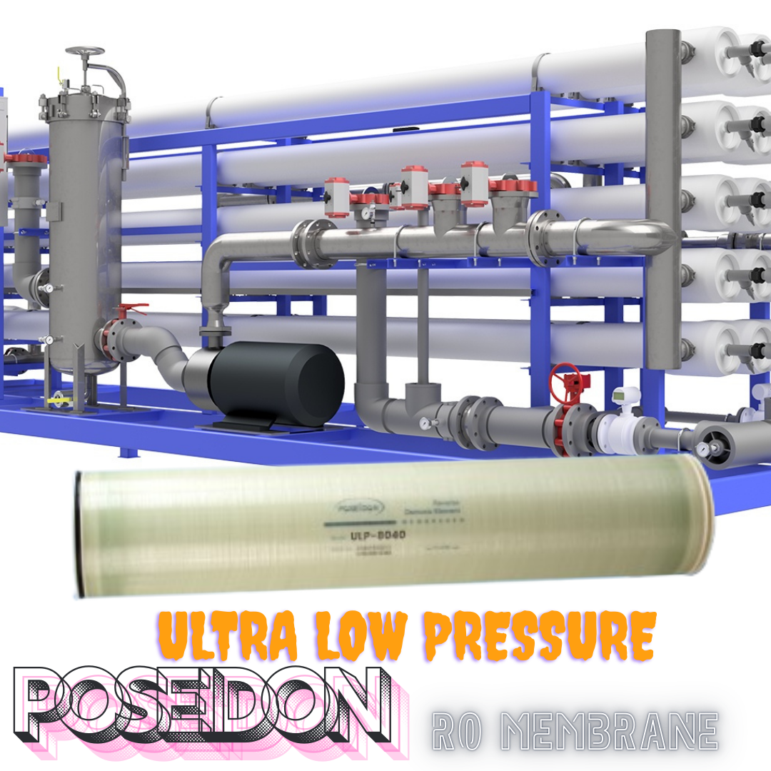 Poseidon ULP‑8040 (Ultra Low Pressure – ukuran 8 inci × 40 inci) adalah membran Reverse Osmosis (RO) berteknologi tinggi yang dirancang khusus untuk menghasilkan air bersih berkualitas tinggi dari sumber air tawar dengan tekanan operasi yang jauh lebih rendah dibanding membran konvensional. Dengan kemampuan bekerja optimal di tekanan sekitar 70–150 psi, ULP‑8040 mampu menyaring hingga 98–99% garam terlarut (TDS), logam berat, bakteri, dan kontaminan lainnya—tanpa memerlukan pompa tekanan tinggi yang boros energi.