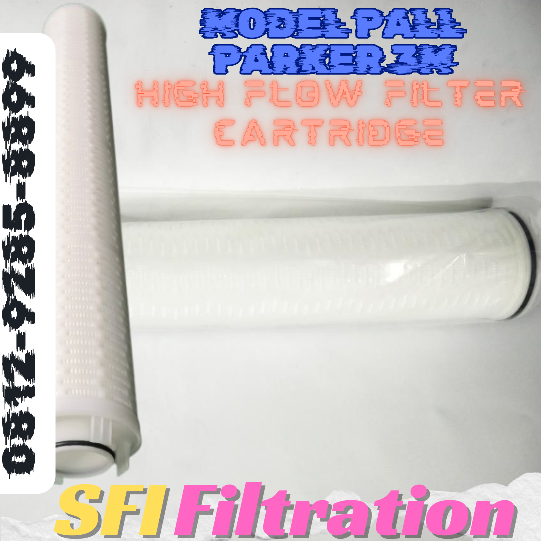 High Flow Radial Pleated Filter Cartridge—menampilkan desain cartridge berdiameter besar (~6–6,5 inci) dengan alur pleat radial (horizontal), ideal untuk aliran tinggi dan aplikasi industri berat seperti pembangkit listrik.
